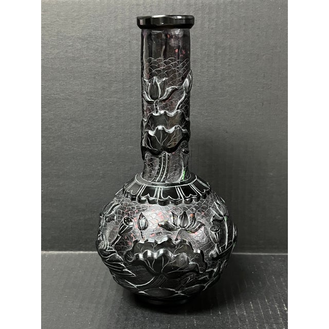 Glass Chinese Art Dark Brown Peking Glass Overlay Bottle Neck Vase With Bird and Floral Design For Sale - Image 7 of 10