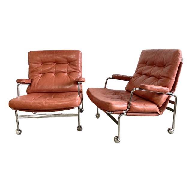Pair Mid Century Modern "Karin" Chairs by Bruno Mathsson Chrome and Leather For Sale