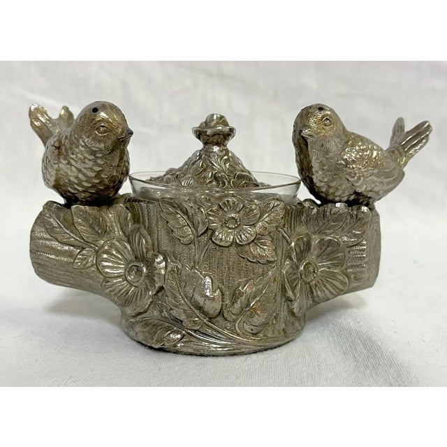 Mid 20th Century Vintage Silverplate 'Lovebirds' Salt Cellar With Salt and Pepper Shakers For Sale - Image 5 of 12