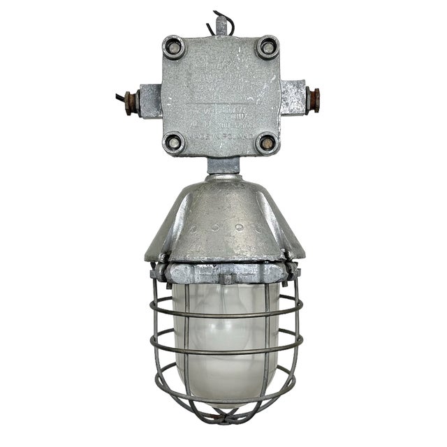 Large Industrial Cast Aluminium Cage Pendant Light from Polam Wilkasy, 1960s For Sale