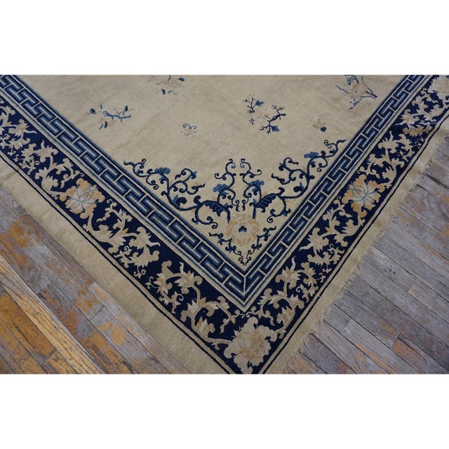 1920s Beige Field Classic Greek Key Antique Chinese Peking Room Size Knotted Rug For Sale In New York - Image 6 of 10