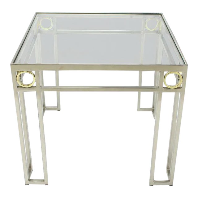 Mid-Century Modern Square Brass Rings Chrome Frame Shape Base Glass Top Side Table For Sale