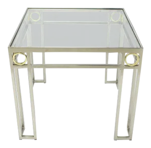 Mid-Century Modern Square Brass Rings Chrome Frame Shape Base Glass Top Side Table
