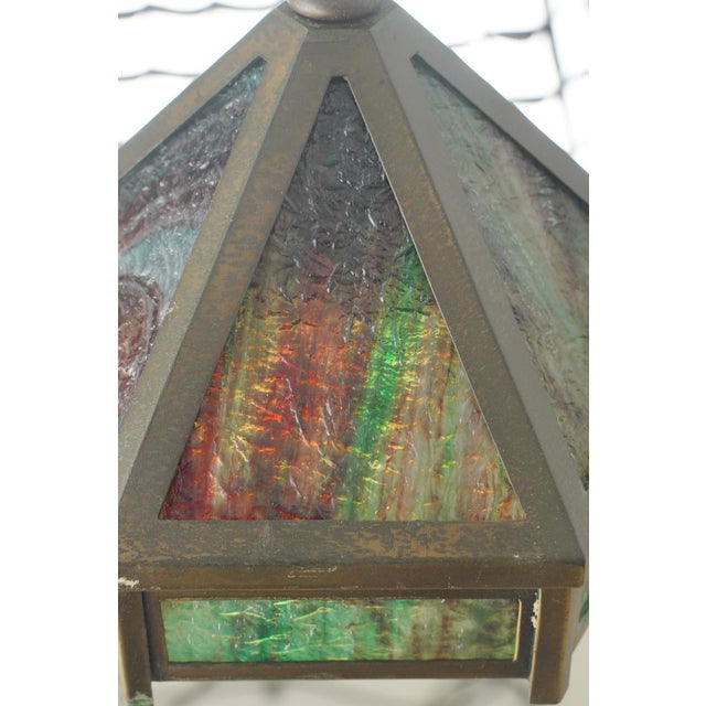Arts & Crafts Mid 20th Century Arts and Crafts Green Slag Glass Hexagonal Pendant Light For Sale - Image 3 of 7