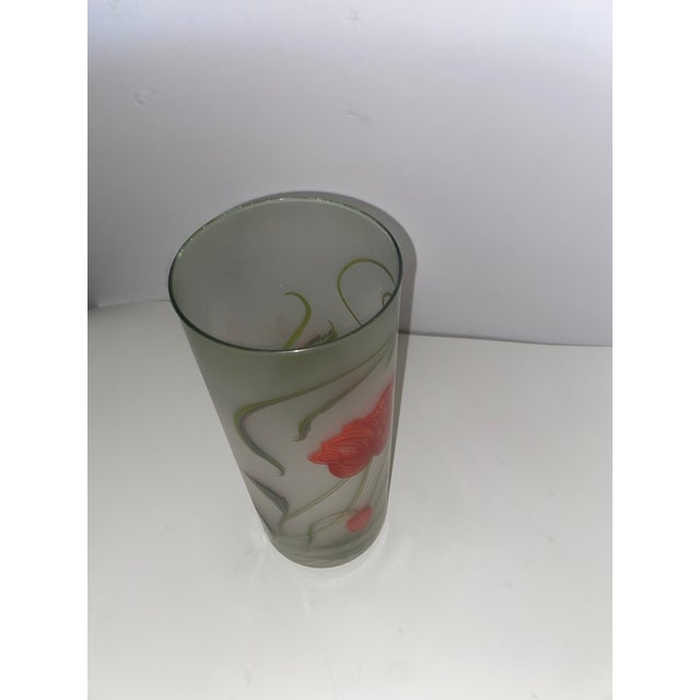Red Art Style and Nouveau Vase . Large Early 20th Century Art Nouveau Green Cylinder Frosted Glass Vase With Floral Motif For Sale - Image 8 of 12
