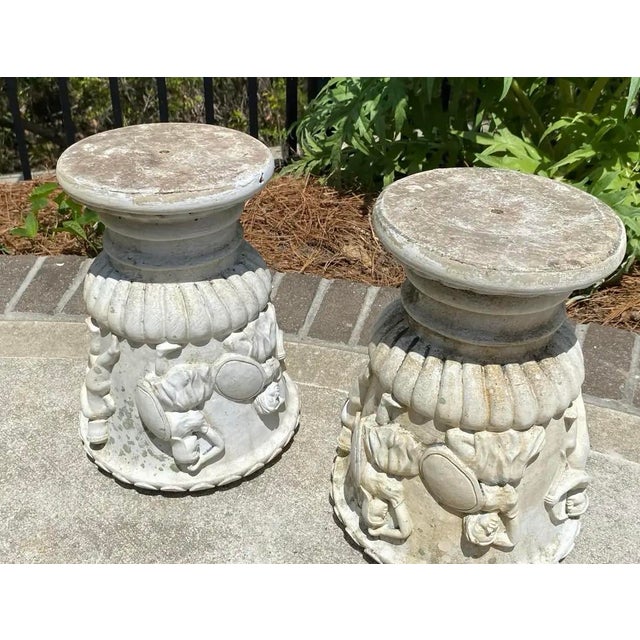 Vintage Pair of Neoclassical Cast Stone Bacchanalian Garden Urns For Sale - Image 9 of 12