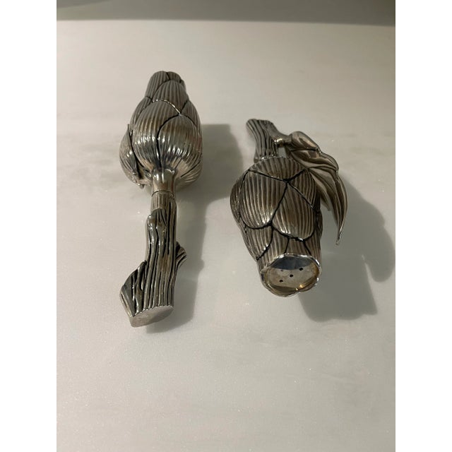 Mid-Century Modern Late 20th Century Silverplate Salt and Pepper Shakers in the Form of Artichokes- A Pair For Sale - Image 3 of 12