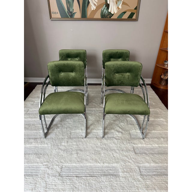 Mid-Century Modern Vintage 1970s Chrome Cantilever Velvet Dining Chairs After Milo Baughman For Sale - Image 3 of 12