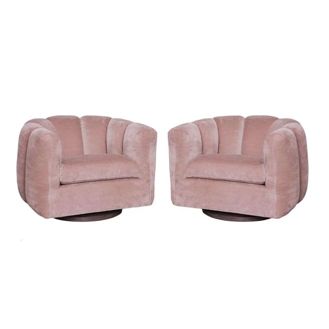 Mid-Century Modern Blush Pink Channel Back Swivel Chairs in the Style of Milo Baughman - A Pair For Sale - Image 3 of 7