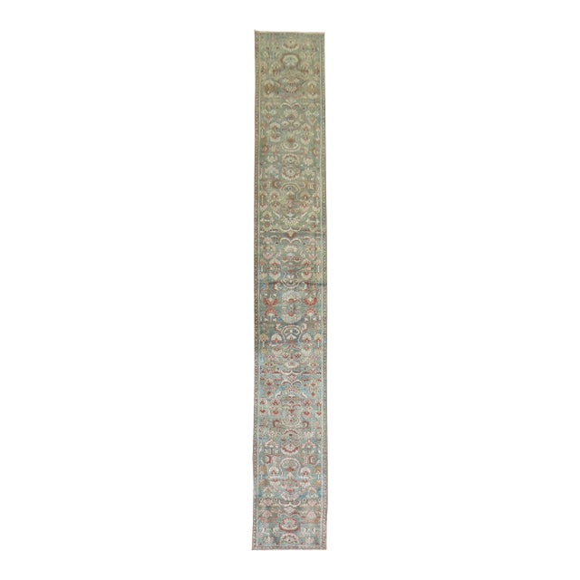 Early 20th Century Zabihi Collection Rare Narrow Long Sea Foam Persian Runner - 2'3" x 15'7" For Sale