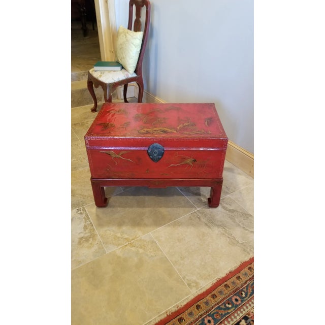Antique Chinese Red Leather Trunk on Custom Stand For Sale - Image 10 of 10