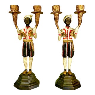 Early 1900s Antique Mediterranean Italian Venetian Moorish Painted Bronze Candelabras - A Pair For Sale