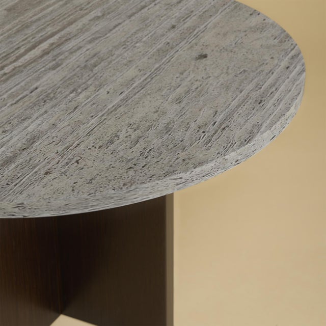 Contemporary Round Grey Titanium Travertine and Smoked Oak Coffee Table by Lebanto For Sale - Image 3 of 4