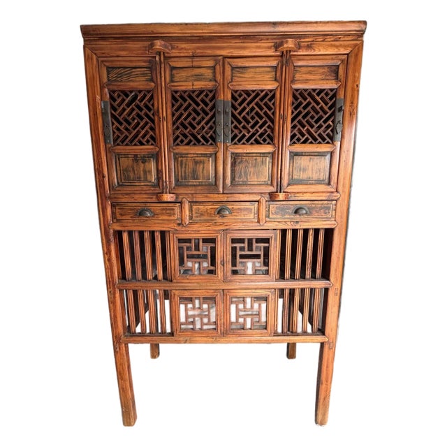 Antique Chinese Kitchen Cabinet, Late 19th Century, Intricate Latticework For Sale