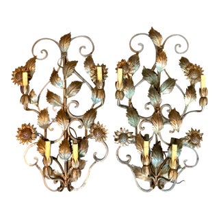Vintage Italian Tole Sunflower Light Sconces - A Pair For Sale