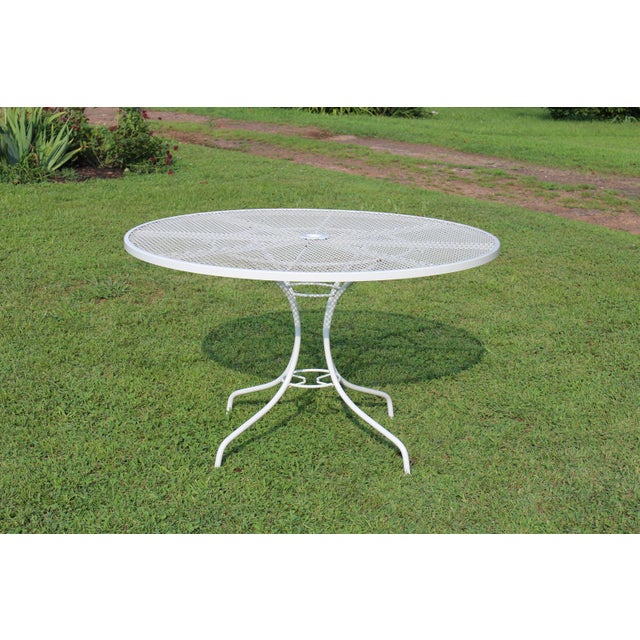 Wrought Iron Patio Set With Dogwood Motifs—Table and Four Armchairs With Covers, 5 Pieces For Sale - Image 11 of 18