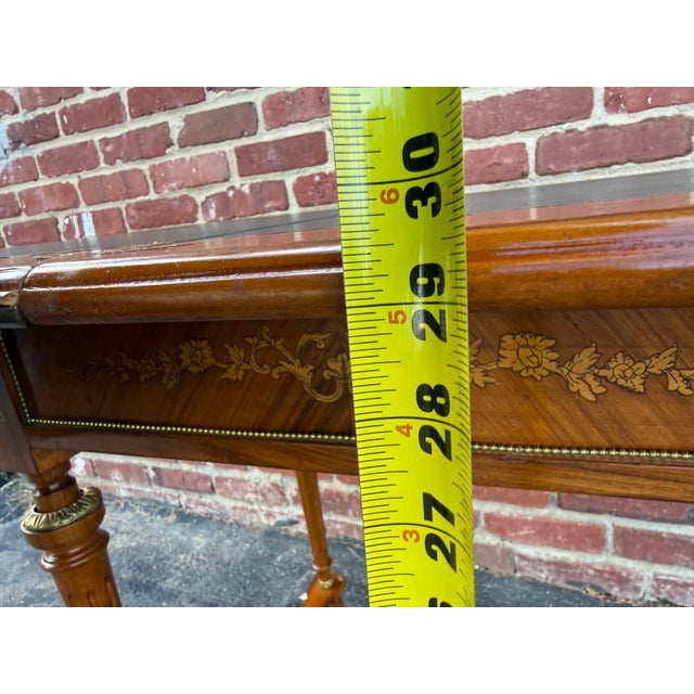 Vintage Louis XvI Style Marquetry Stretcher Base Brass Mounted Floral Inlaid Card Table For Sale - Image 11 of 16
