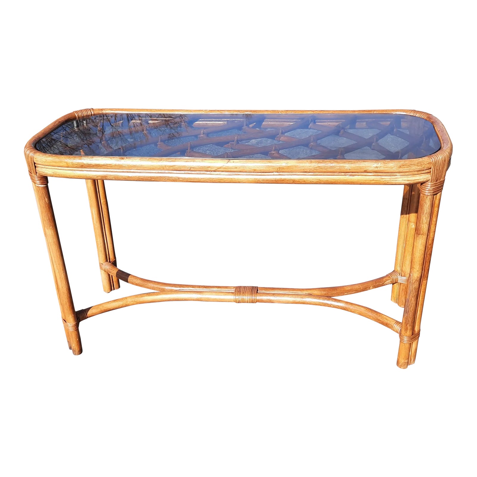 Lane Venture Rattan Wicker Console Sofa Table With Glass Top, Circa ...