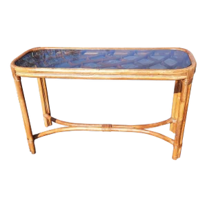 Lane Venture Rattan Wicker Console Sofa Table With Glass Top, Circa 1970s