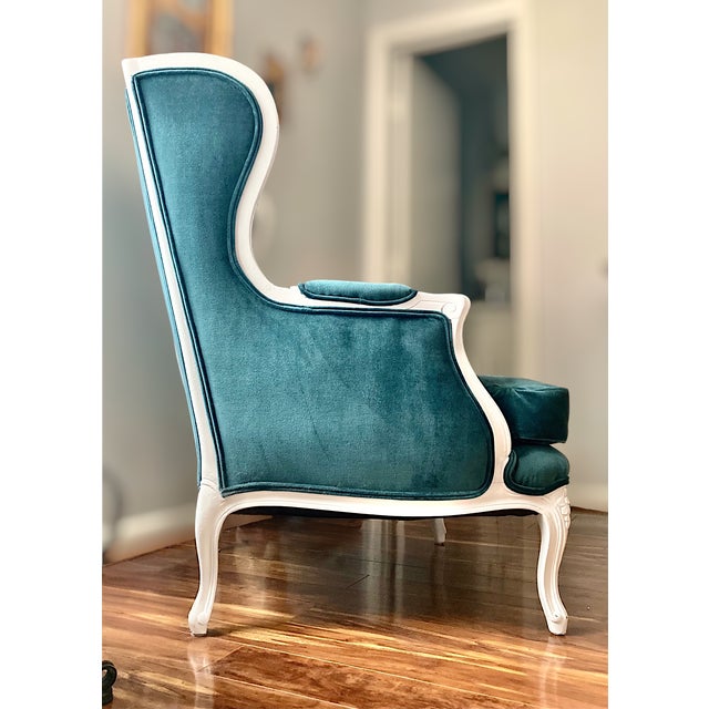 Wood Mid-20th Century French Provincial Wingback Chair in Kravet Peacock Blue Velvet For Sale - Image 7 of 18