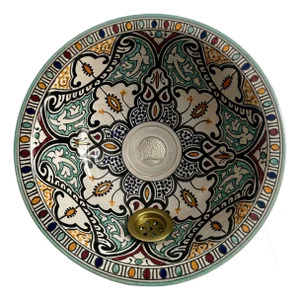 Artistic Moroccan Sink Bowl Vessel Washbasin, Round With Brass Drain
