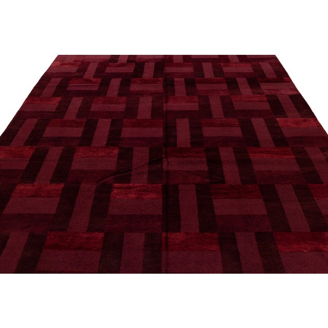 Burgundy Modern Tibetan Hand-Knotted Wool and Silk Rug in Burgundy Basketweave Pattern For Sale - Image 8 of 10