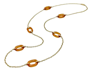 1970s 14k Gold and Amber Glass Oval Link Station Necklace Chain