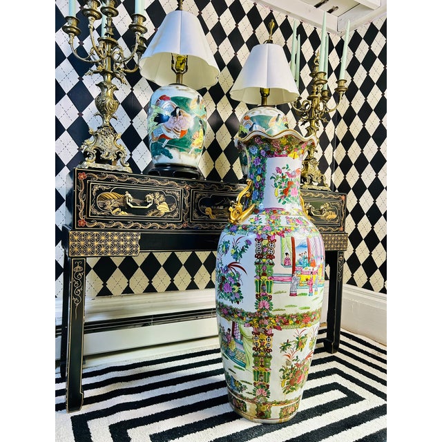 Rose Tall Floor Rose Medallion Porcelain Chinoiserie Vase 36", Scroll Handles For Sale - Image 8 of 11