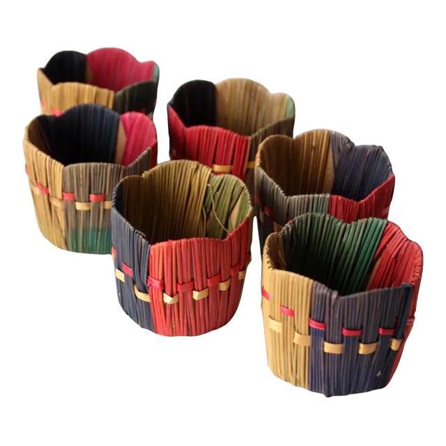 Vintage Woven Straw Cup Holders- Set of 6 For Sale