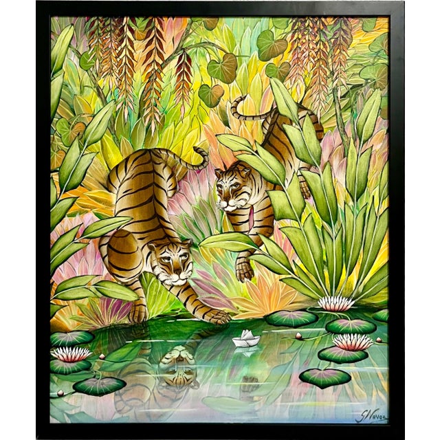 Gustavo Novoa, Tigers Animal Paradise Tropical Jungle Painting Surrealist Art Gustavo Novoa, c.1990's-2000's For Sale