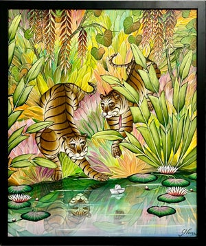 Gustavo Novoa, Tigers Animal Paradise Tropical Jungle Painting Surrealist Art Gustavo Novoa, c.1990's-2000's