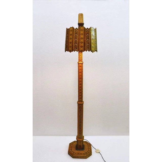 Floor lamp made of different inlaid woods, 1950's Italian handicraft production. Original electrical system. European Plug...