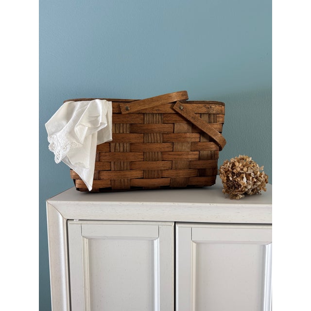 Vintage Large Woven Splint Wood Picnic Basket Double Swing Handle For Sale In Saint Louis - Image 6 of 13