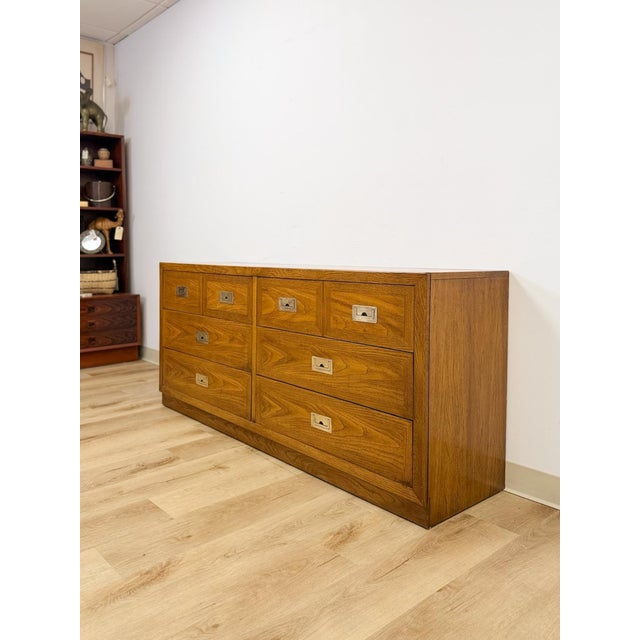 Dixie Furniture Co. Vintage MCM Dixie Act 2 Campaign Style Dresser Brass Pulls Warm Wood Tone Lowboy For Sale - Image 4 of 14