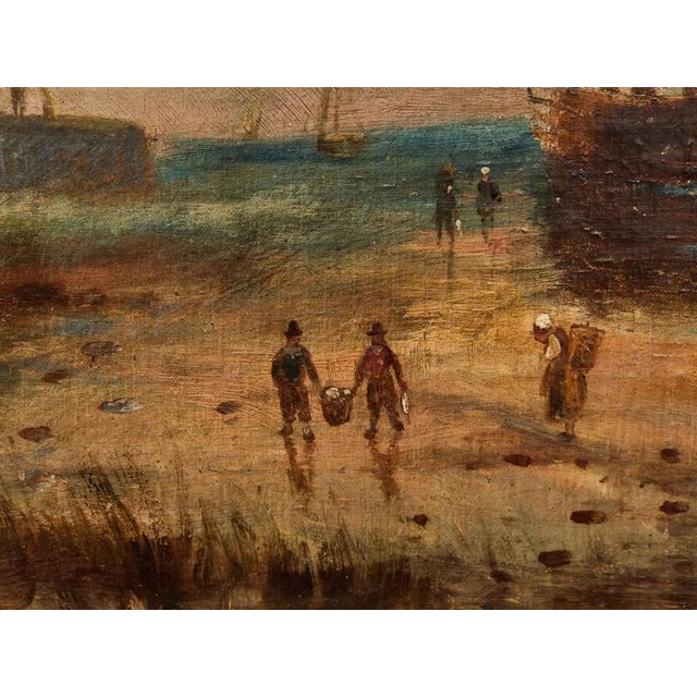Oil on wood panel Dutch school 19th century Atmospheric oil painting depicting the daily life of fishermen on the coast -...