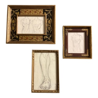 1940’s 3 Modernist Art Deco Male Pencil Study Drawings Vintage Ornate Frames- Set of 3 For Sale