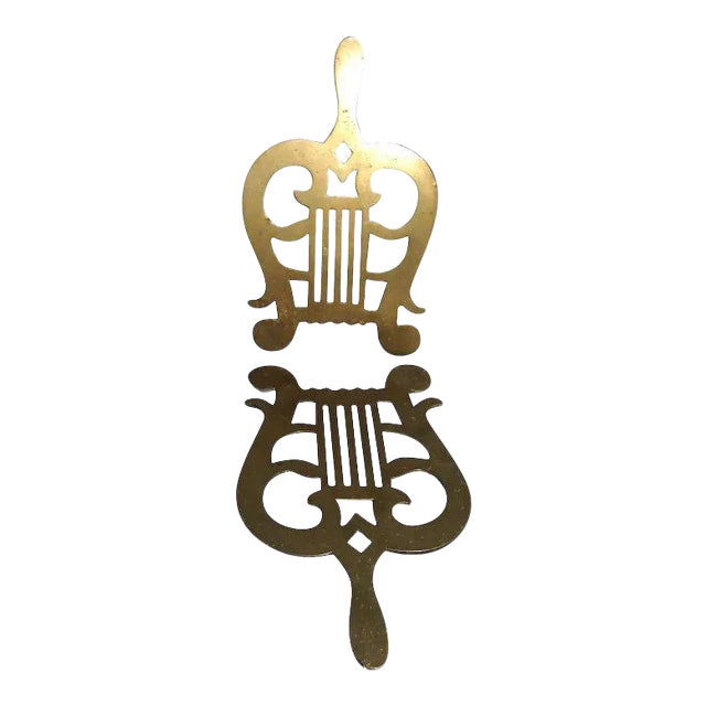 19th Century English Regency Brass Hand Cast Trivets in the form of Lyres or Harps - a Pair For Sale