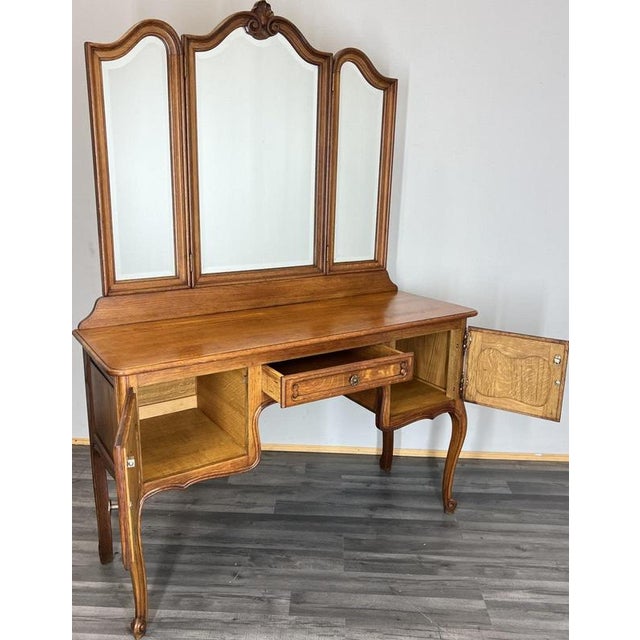 Vintage French Louis Style Oak Dressing Table with Mirror For Sale - Image 10 of 11