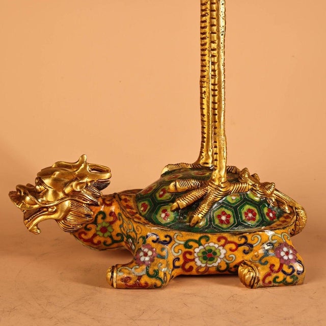 Bronze Pair of Gilt Bronze Cloisonné Enamel Crane and Turtle Figures For Sale - Image 8 of 10