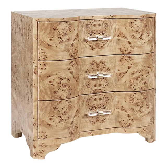 Matthew Izzo Home Light Burlwood Three Drawer Side Table With Acrylic Drawer Pulls For Sale