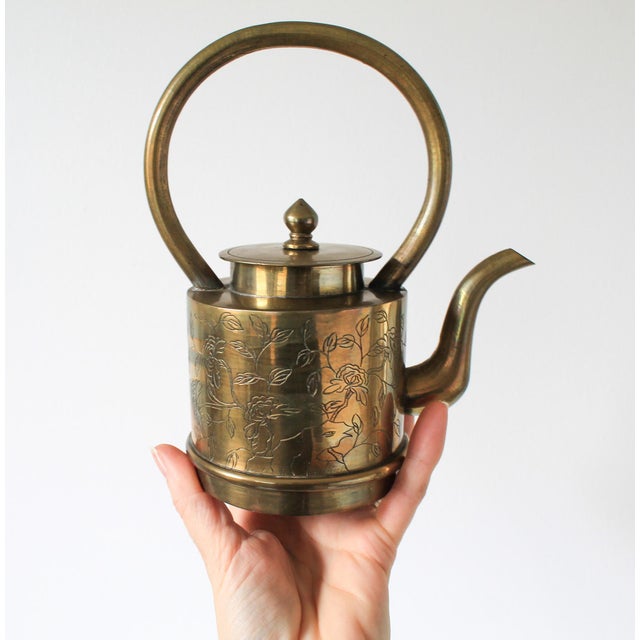 Hollywood Regency Vintage Chinese Brass Tea Pot W/ Floral Motif For Sale - Image 3 of 10