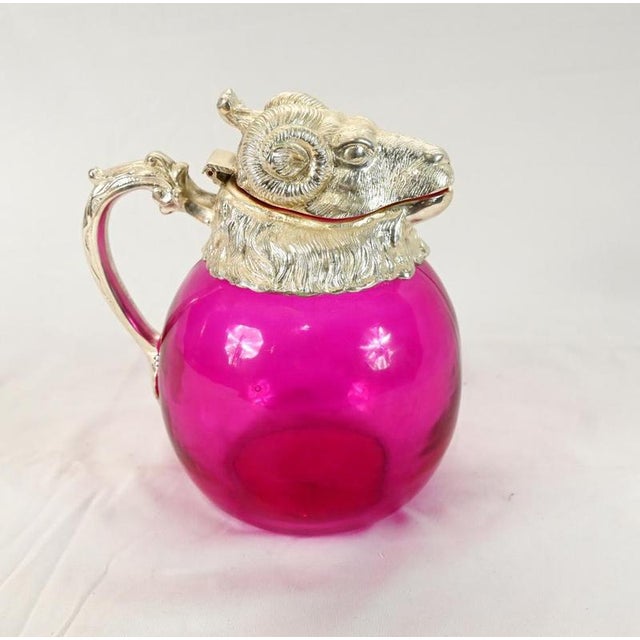 Pink Glass Rams Head Claret Jug Decanter with Silver Plated Mounts For Sale - Image 3 of 5