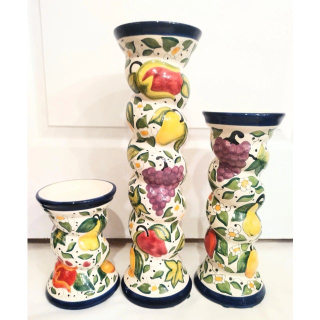 Yellow Vintage Ceramic Colorful Fruit Twisted Italian Style Pillar Candle Holders- Set 3 For Sale - Image 8 of 8