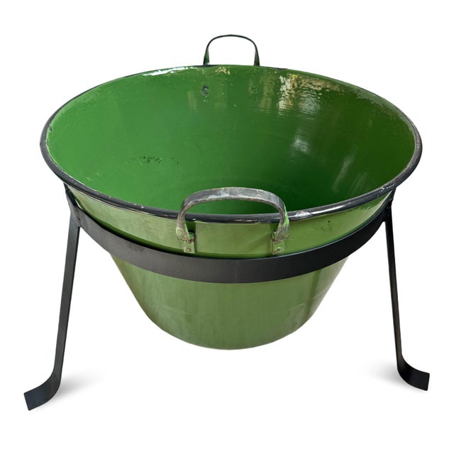 Metal Vintage Hungarian Green Enamel Tub W/Iron Stand For Sale - Image 7 of 10