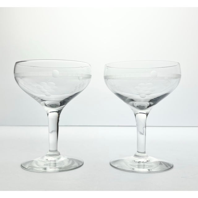 1950s Vintage Pair of Etched Coupe Champagne Glasses 4 1/2” 6oz Grape Cluster Excellent condition. No chips, cracks, or...