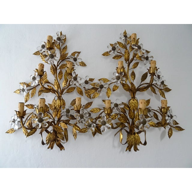 Maison Baguès Style 6 Lights Crystal Flowers Tole Bow Huge Sconces, Circa 1920 For Sale - Image 13 of 13