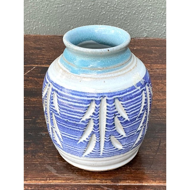 Handcrafted Blue Ceramic Leaf Motif Vase For Sale - Image 11 of 14