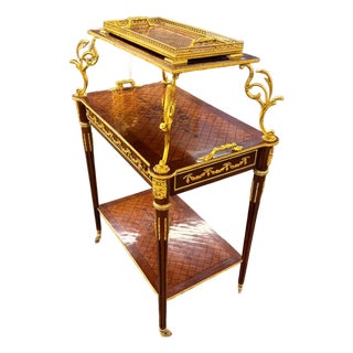 1940s French Louis XVI Style Mahogany & Gilt Bronze Two-Tier Serving Table With Tray For Sale