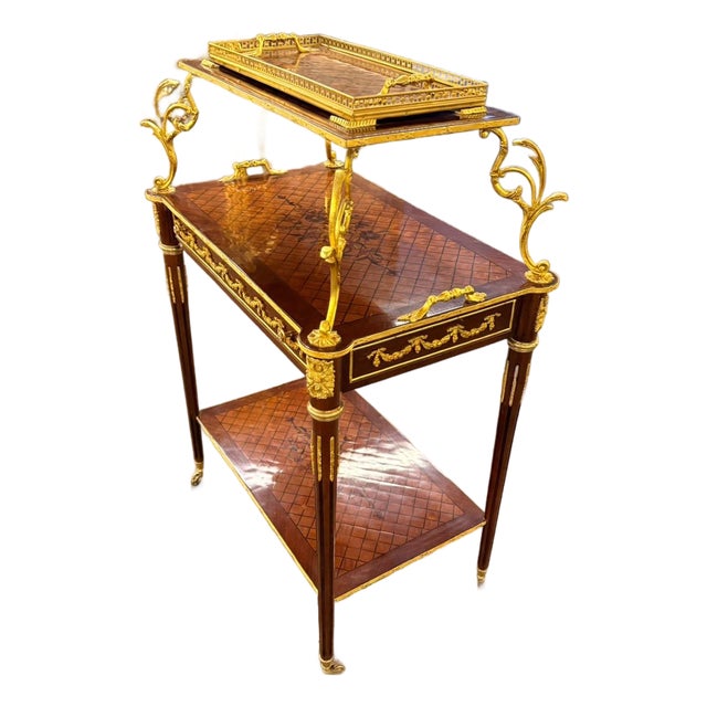 1940s French Louis XVI Style Mahogany & Gilt Bronze Two-Tier Serving Table With Tray For Sale