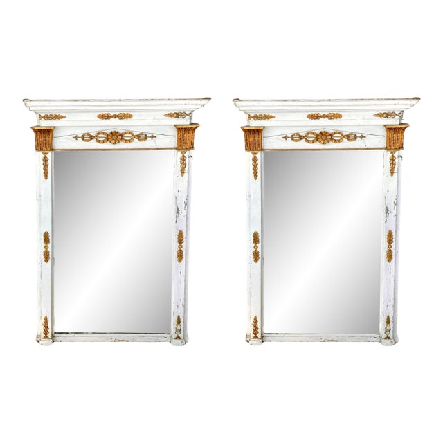 French Neoclassical White Painted and Parcel Gilt Pier Mirrors - A Pair For Sale